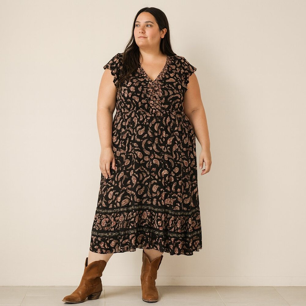 Old Navy Black Pink Paisley Floral‎ Midi Dress Size XXL Boho Prairie Cottagecore